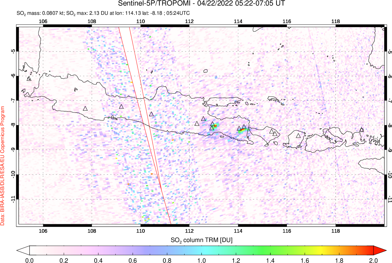 A sulfur dioxide image over Java, Indonesia on Apr 22, 2022.