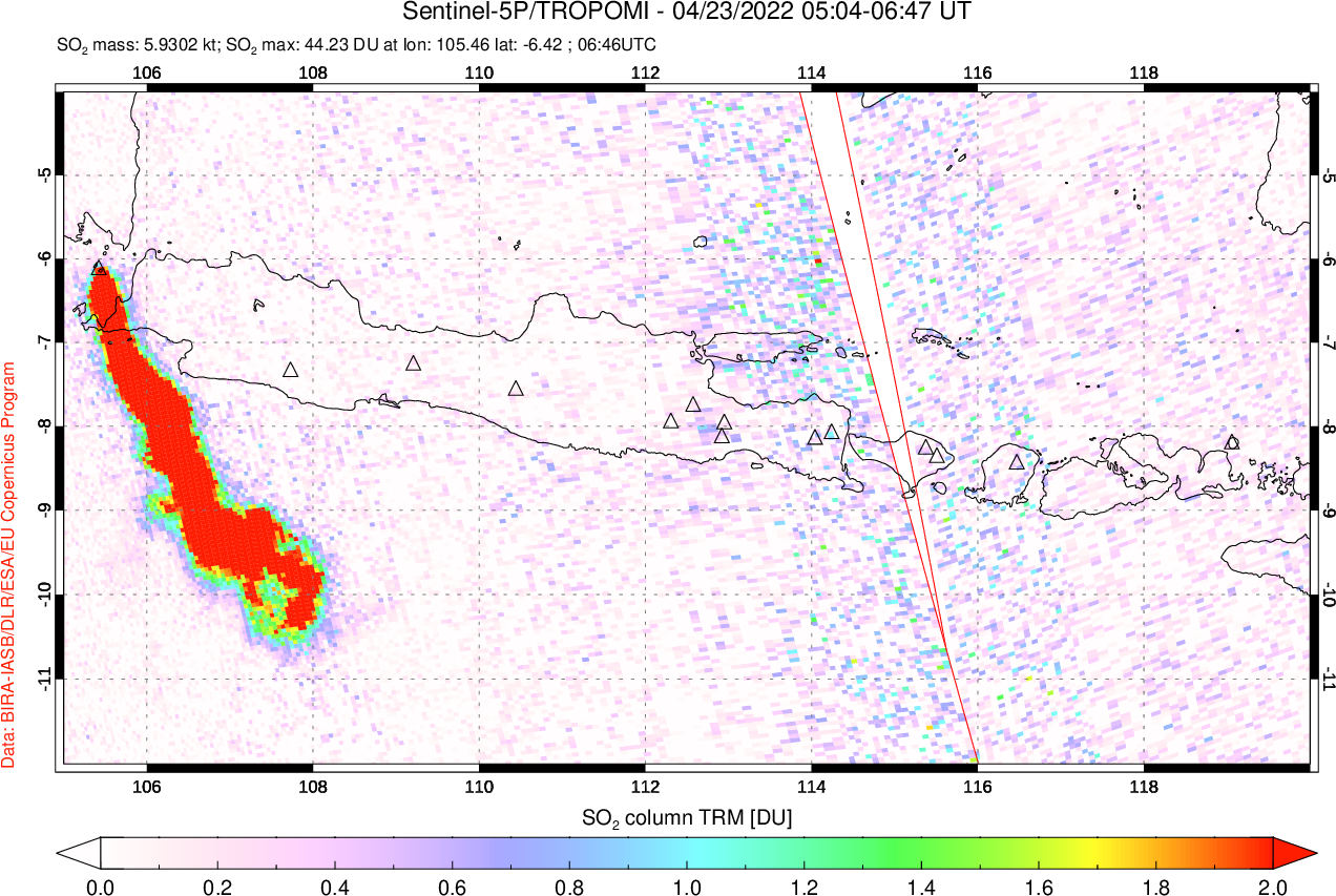 A sulfur dioxide image over Java, Indonesia on Apr 23, 2022.