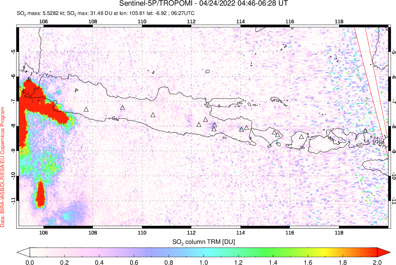 A sulfur dioxide image over Java, Indonesia on Apr 24, 2022.
