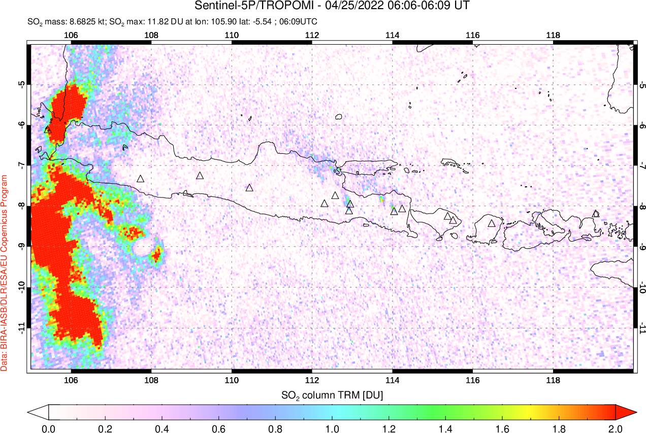 A sulfur dioxide image over Java, Indonesia on Apr 25, 2022.