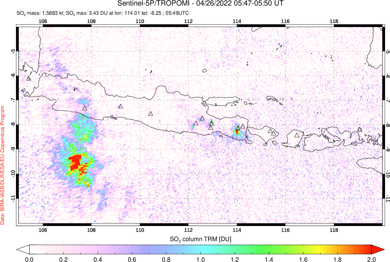 A sulfur dioxide image over Java, Indonesia on Apr 26, 2022.