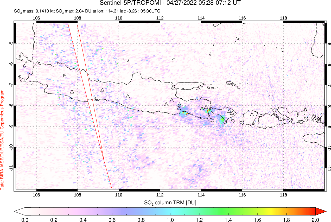 A sulfur dioxide image over Java, Indonesia on Apr 27, 2022.