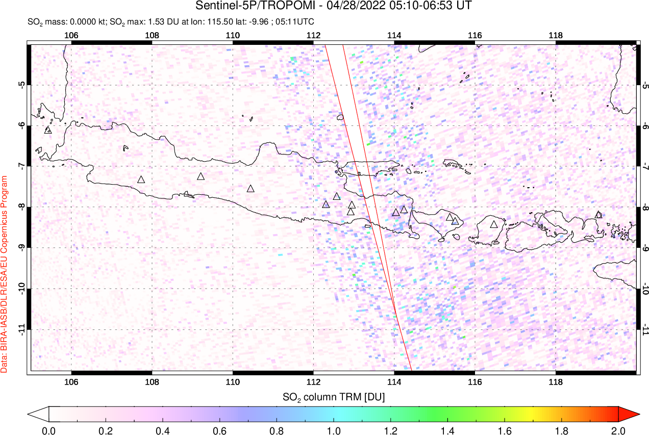 A sulfur dioxide image over Java, Indonesia on Apr 28, 2022.