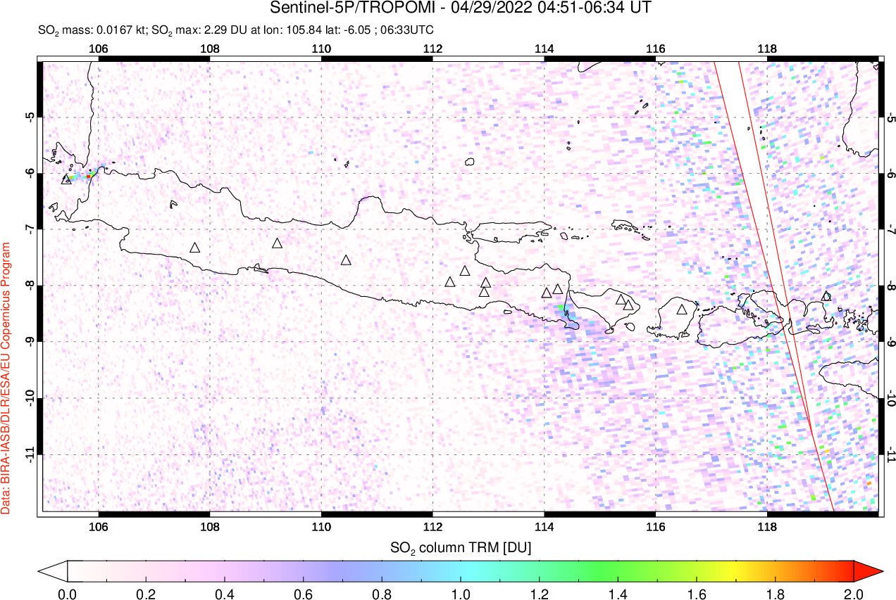 A sulfur dioxide image over Java, Indonesia on Apr 29, 2022.