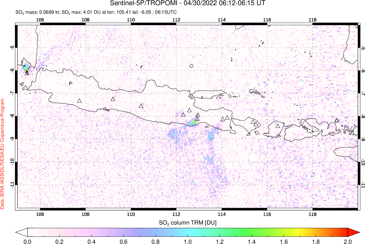 A sulfur dioxide image over Java, Indonesia on Apr 30, 2022.