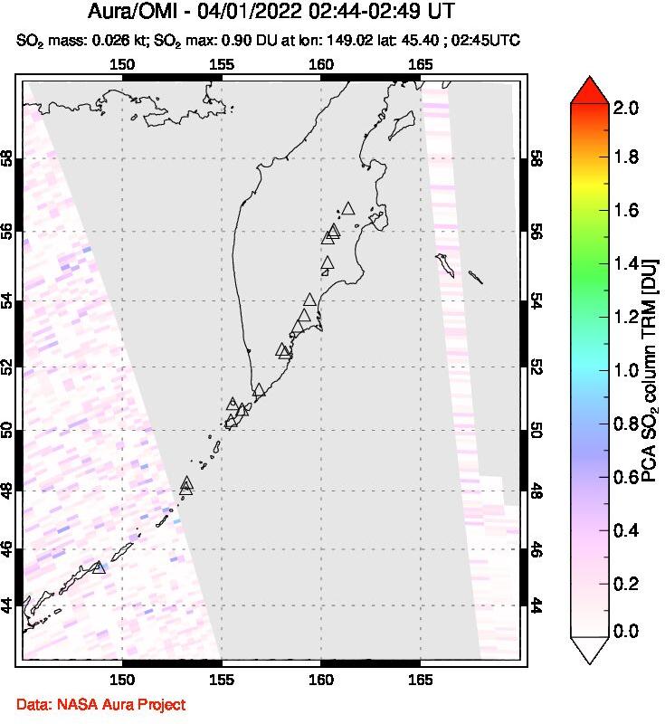 A sulfur dioxide image over Kamchatka, Russian Federation on Apr 01, 2022.