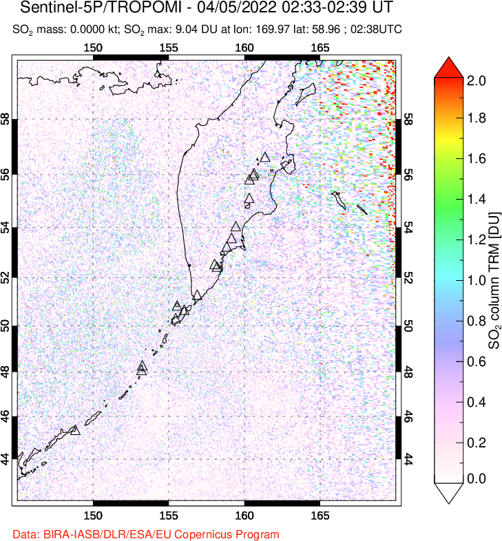 A sulfur dioxide image over Kamchatka, Russian Federation on Apr 05, 2022.