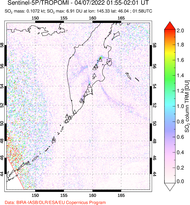 A sulfur dioxide image over Kamchatka, Russian Federation on Apr 07, 2022.