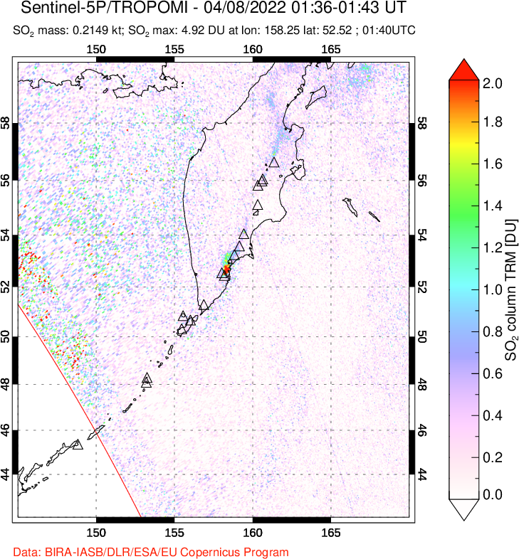 A sulfur dioxide image over Kamchatka, Russian Federation on Apr 08, 2022.
