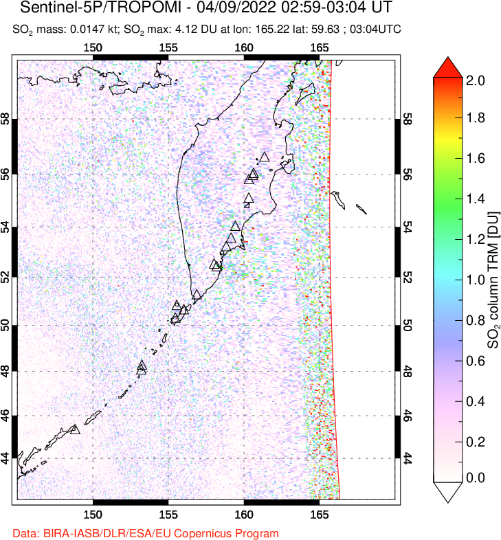A sulfur dioxide image over Kamchatka, Russian Federation on Apr 09, 2022.