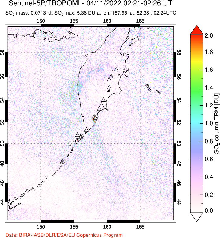 A sulfur dioxide image over Kamchatka, Russian Federation on Apr 11, 2022.