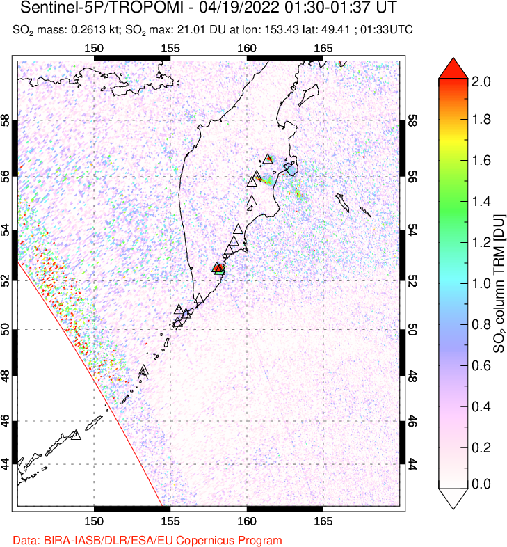 A sulfur dioxide image over Kamchatka, Russian Federation on Apr 19, 2022.
