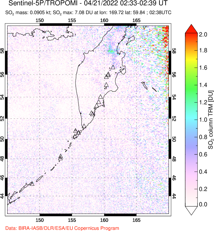A sulfur dioxide image over Kamchatka, Russian Federation on Apr 21, 2022.