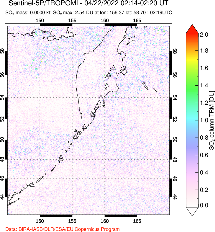 A sulfur dioxide image over Kamchatka, Russian Federation on Apr 22, 2022.