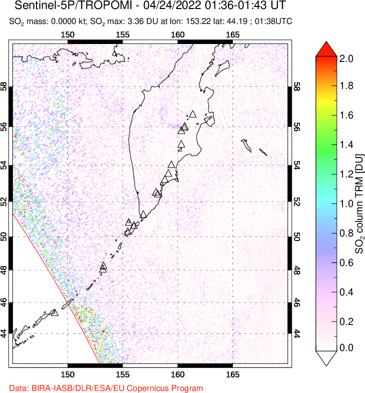 A sulfur dioxide image over Kamchatka, Russian Federation on Apr 24, 2022.