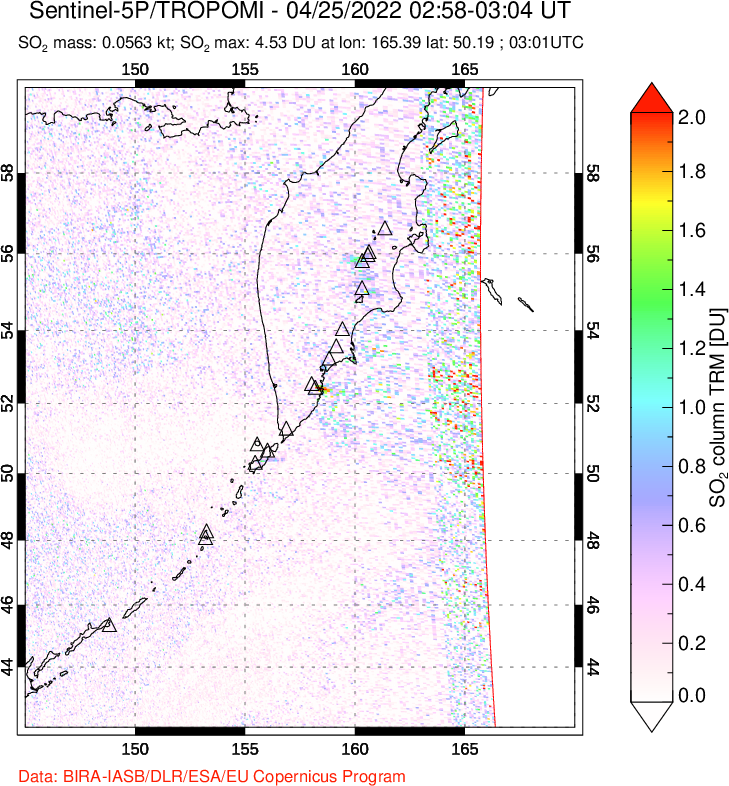 A sulfur dioxide image over Kamchatka, Russian Federation on Apr 25, 2022.