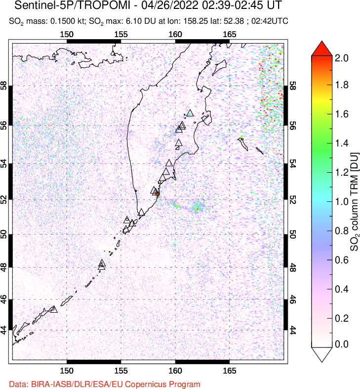 A sulfur dioxide image over Kamchatka, Russian Federation on Apr 26, 2022.