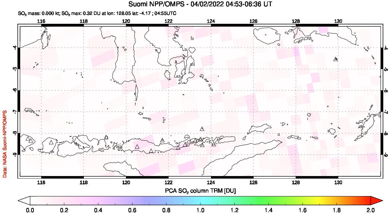 A sulfur dioxide image over Lesser Sunda Islands, Indonesia on Apr 02, 2022.