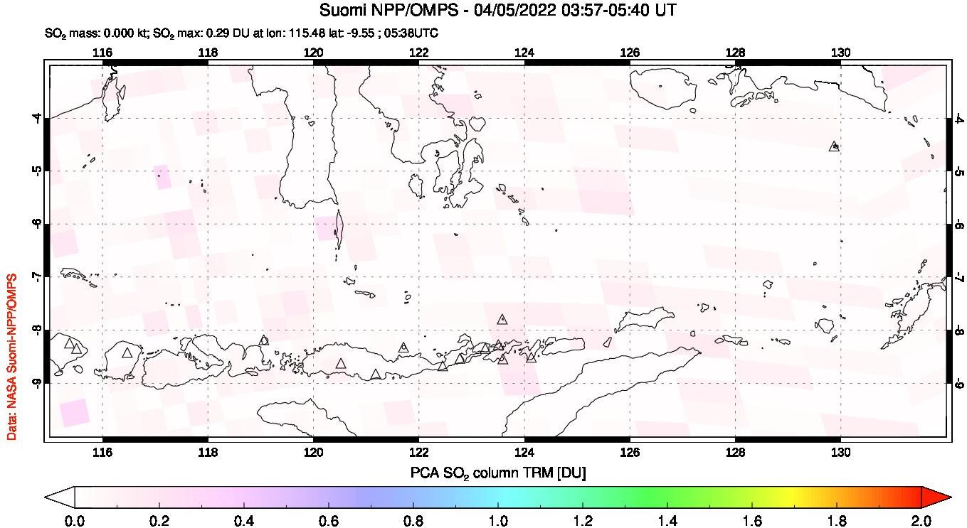 A sulfur dioxide image over Lesser Sunda Islands, Indonesia on Apr 05, 2022.