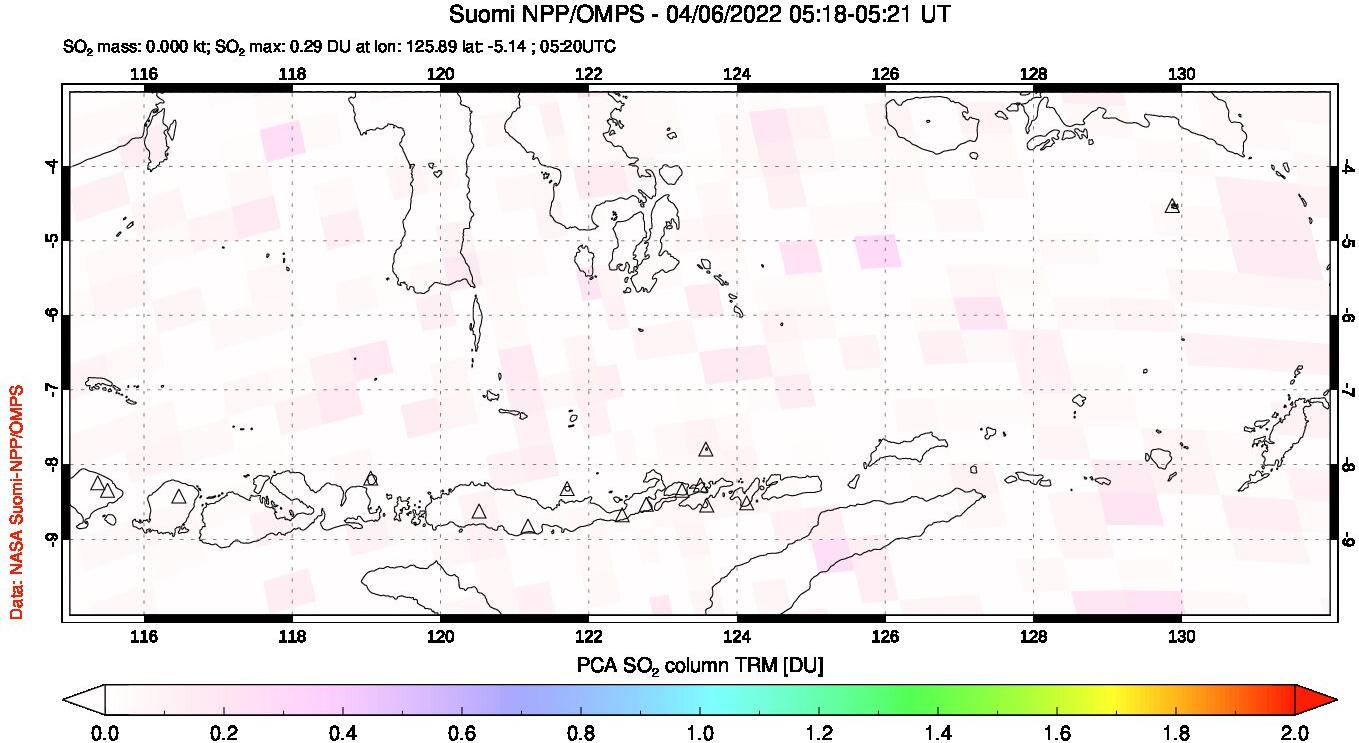 A sulfur dioxide image over Lesser Sunda Islands, Indonesia on Apr 06, 2022.