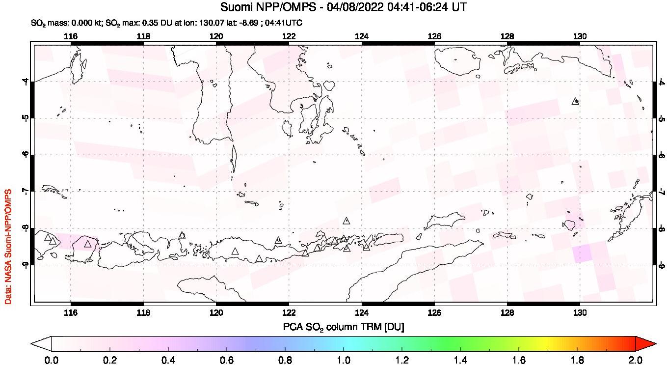 A sulfur dioxide image over Lesser Sunda Islands, Indonesia on Apr 08, 2022.