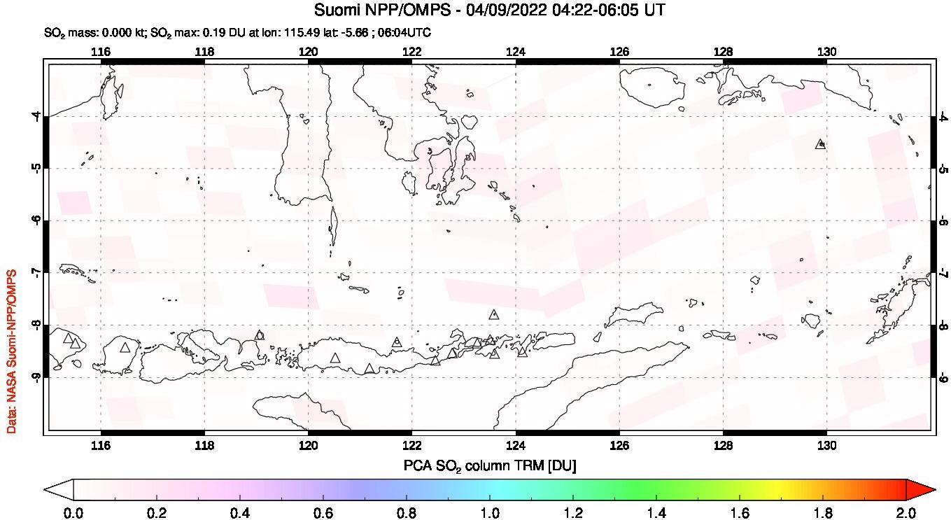 A sulfur dioxide image over Lesser Sunda Islands, Indonesia on Apr 09, 2022.
