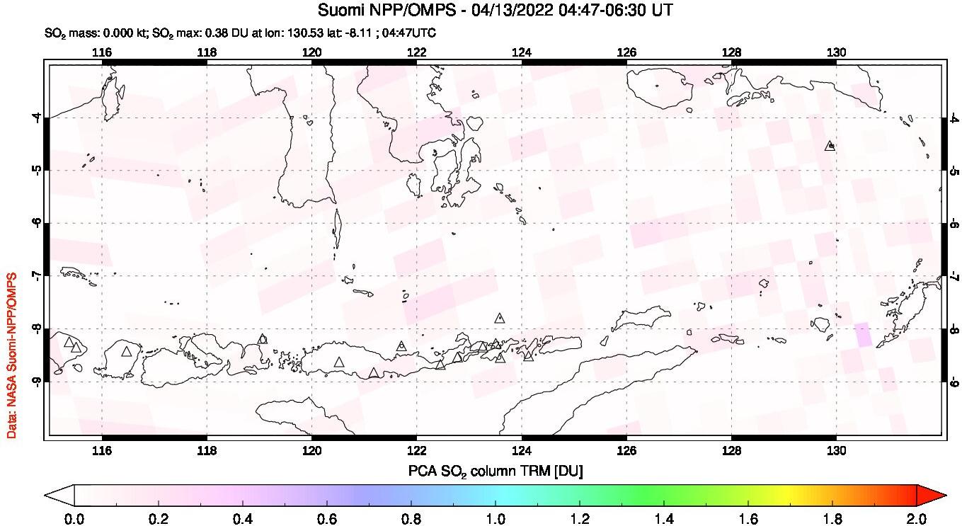 A sulfur dioxide image over Lesser Sunda Islands, Indonesia on Apr 13, 2022.