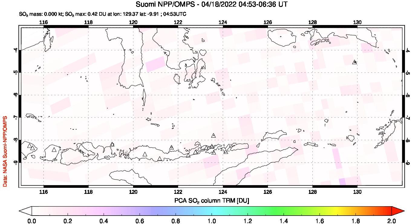A sulfur dioxide image over Lesser Sunda Islands, Indonesia on Apr 18, 2022.