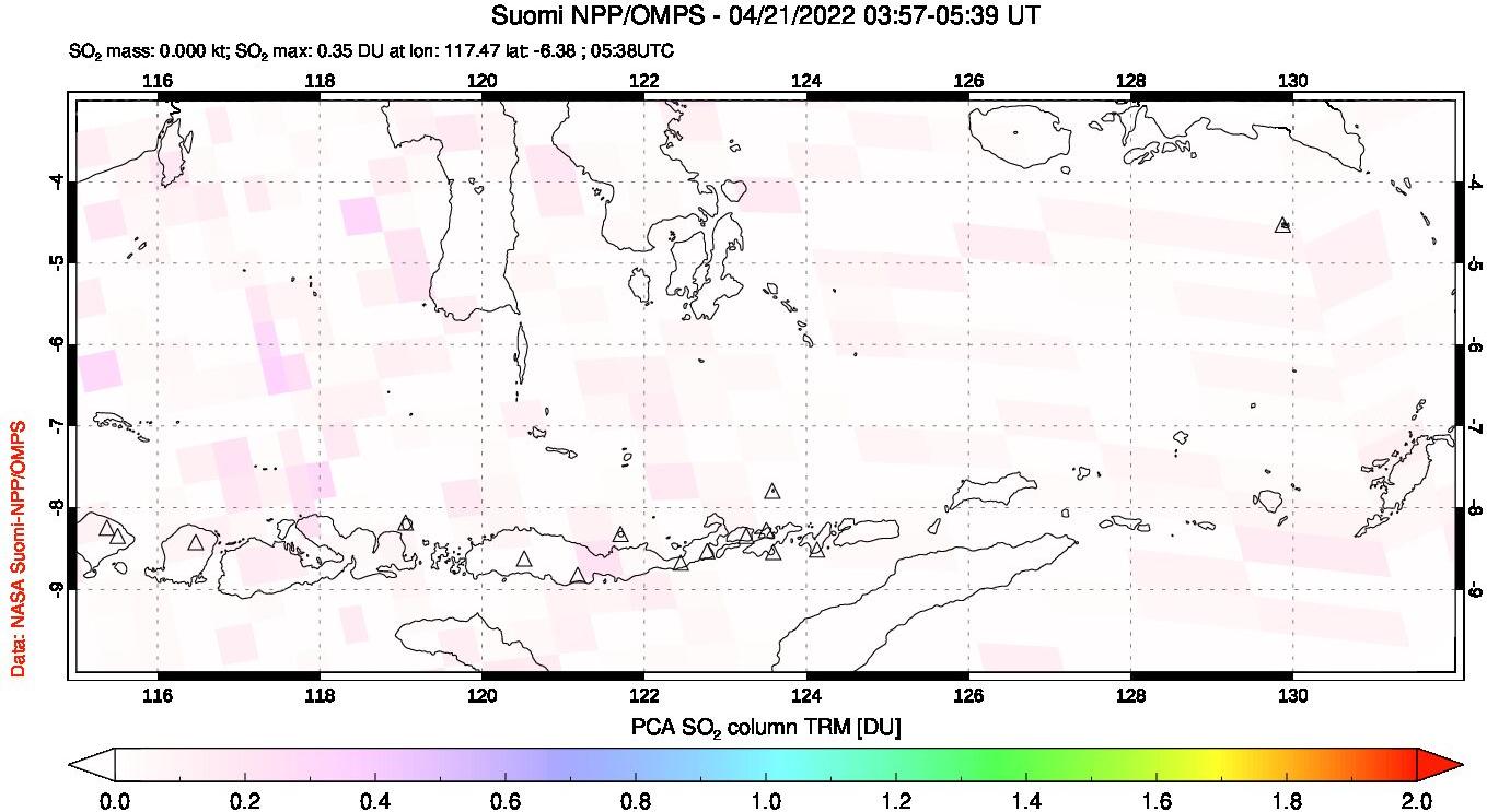 A sulfur dioxide image over Lesser Sunda Islands, Indonesia on Apr 21, 2022.