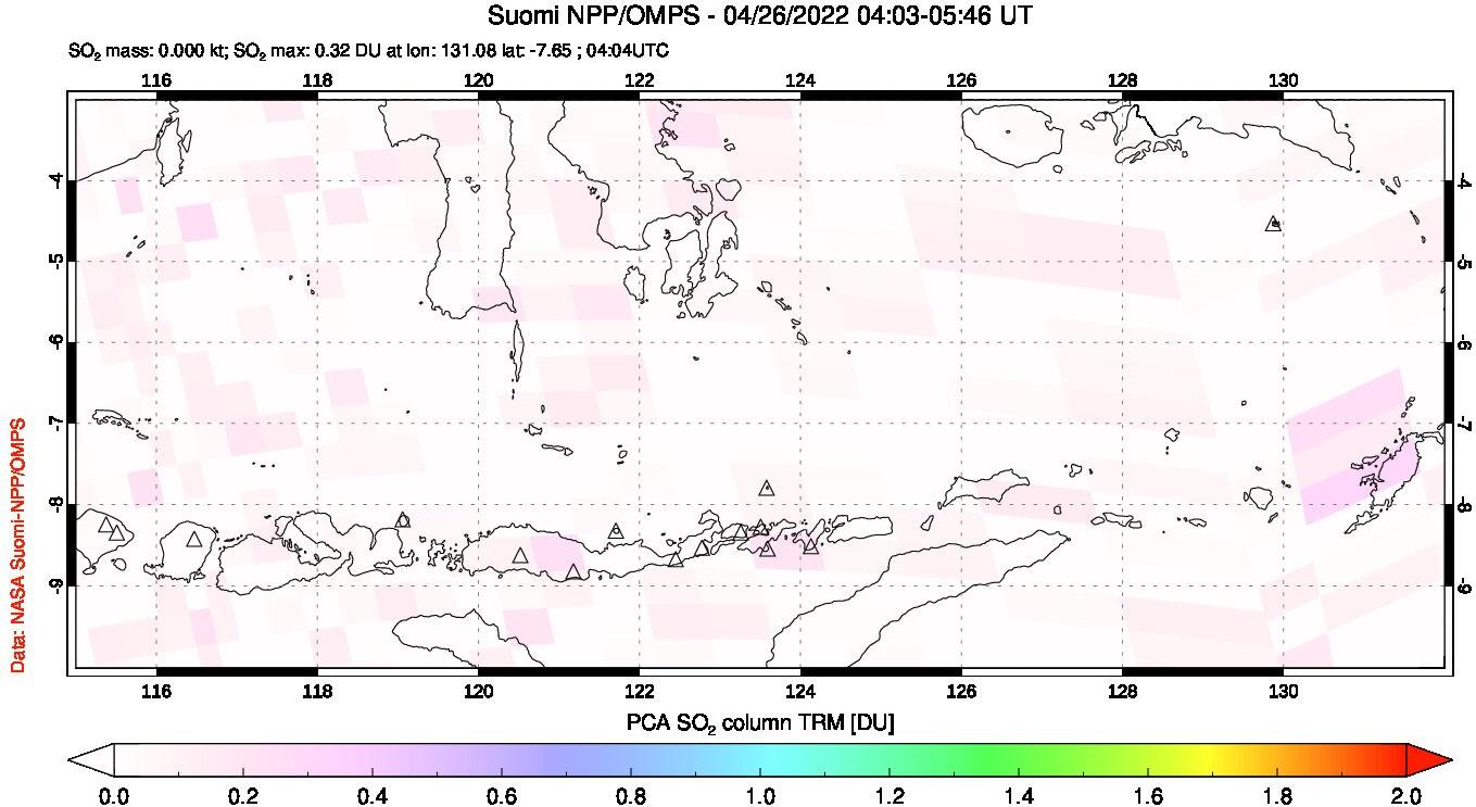 A sulfur dioxide image over Lesser Sunda Islands, Indonesia on Apr 26, 2022.