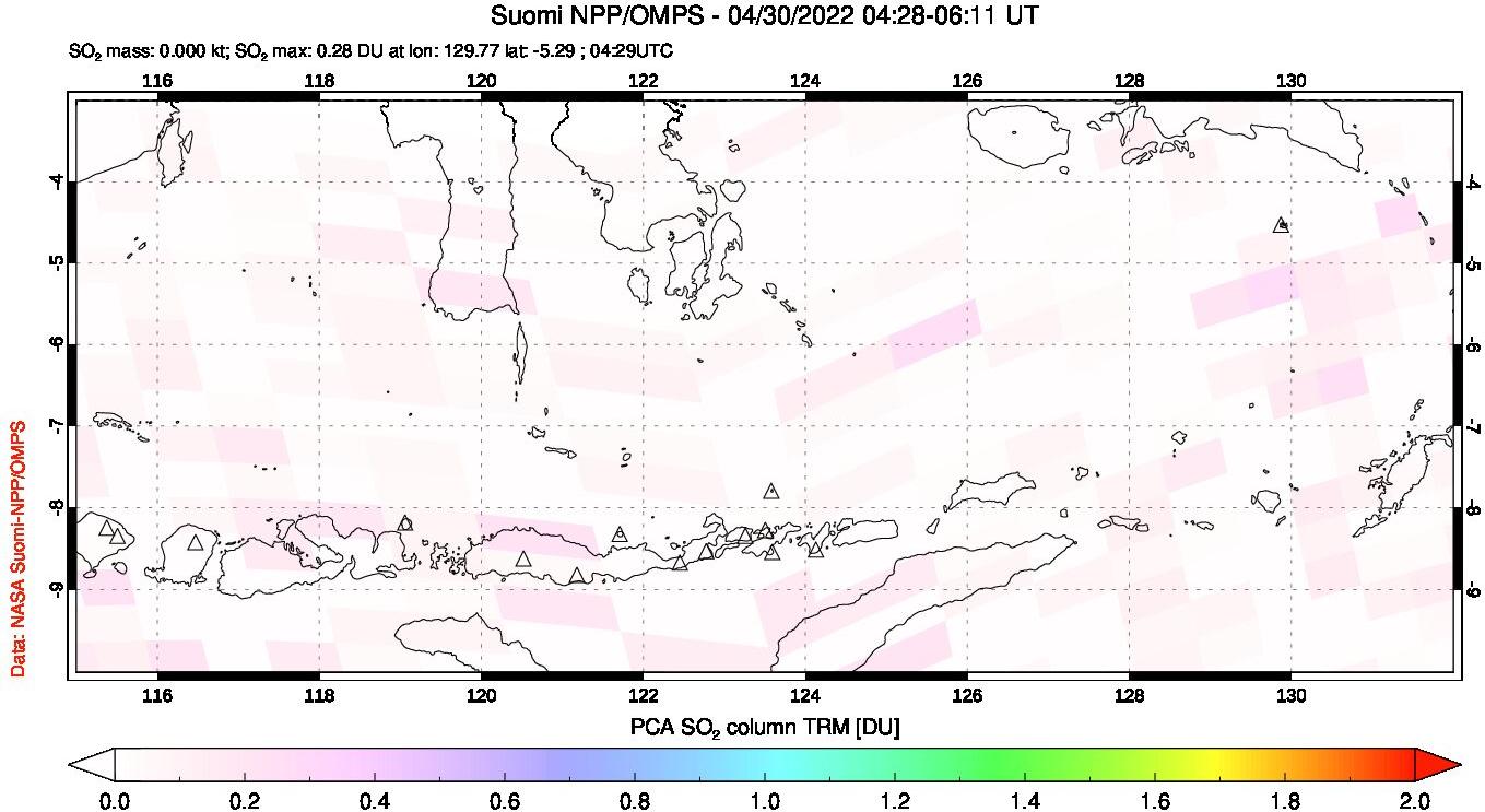 A sulfur dioxide image over Lesser Sunda Islands, Indonesia on Apr 30, 2022.