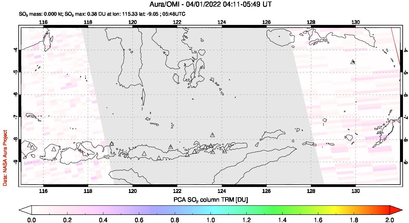 A sulfur dioxide image over Lesser Sunda Islands, Indonesia on Apr 01, 2022.