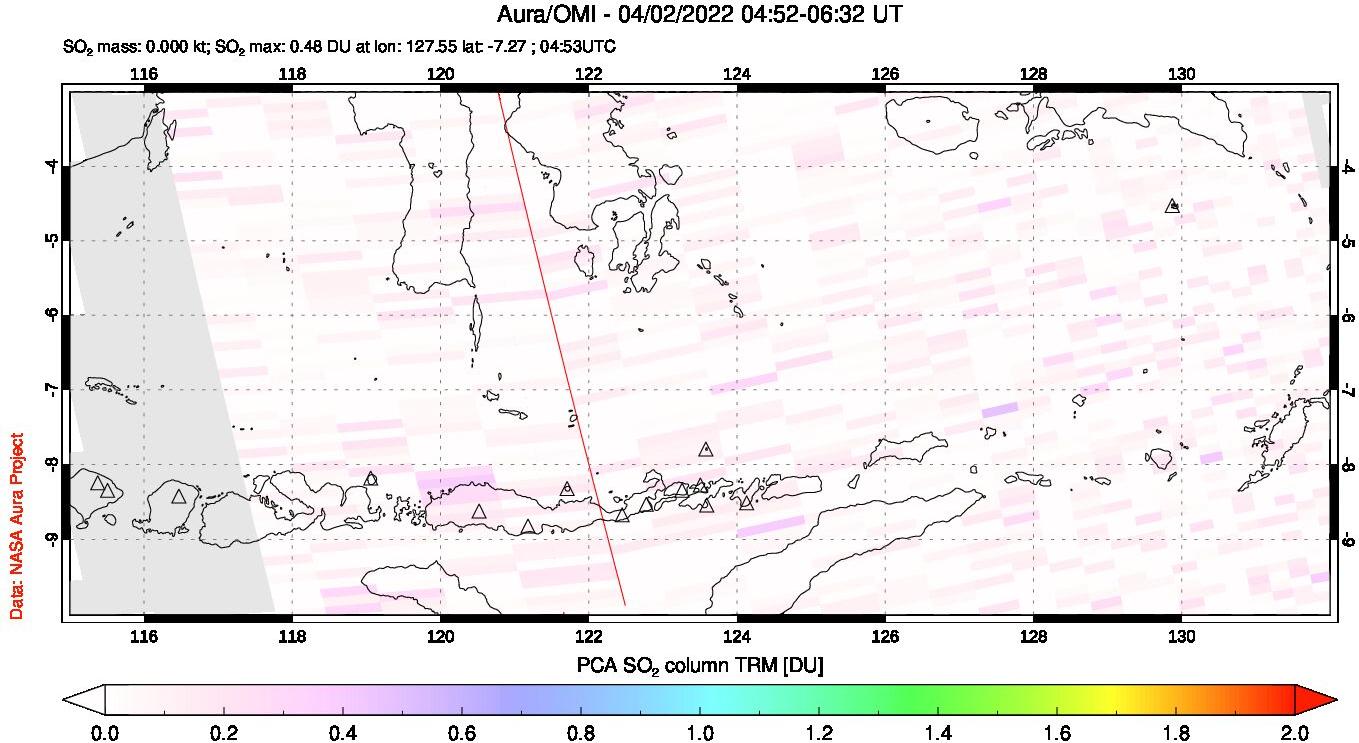A sulfur dioxide image over Lesser Sunda Islands, Indonesia on Apr 02, 2022.
