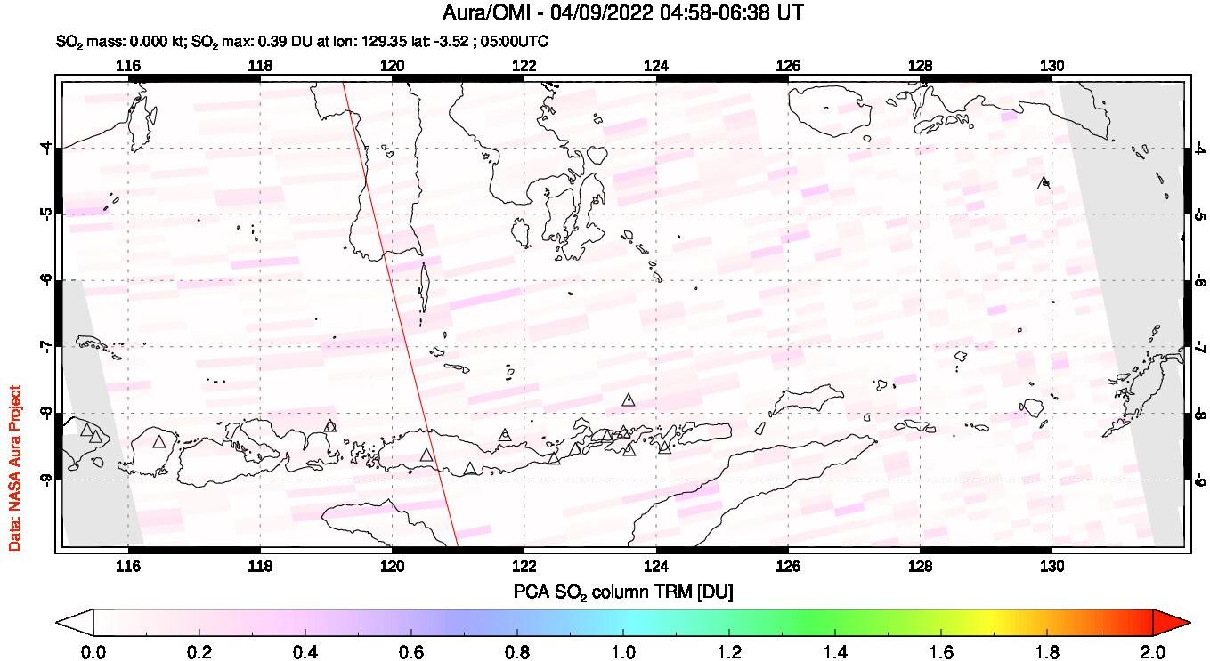 A sulfur dioxide image over Lesser Sunda Islands, Indonesia on Apr 09, 2022.