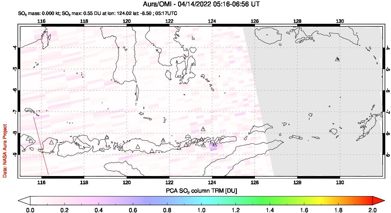 A sulfur dioxide image over Lesser Sunda Islands, Indonesia on Apr 14, 2022.