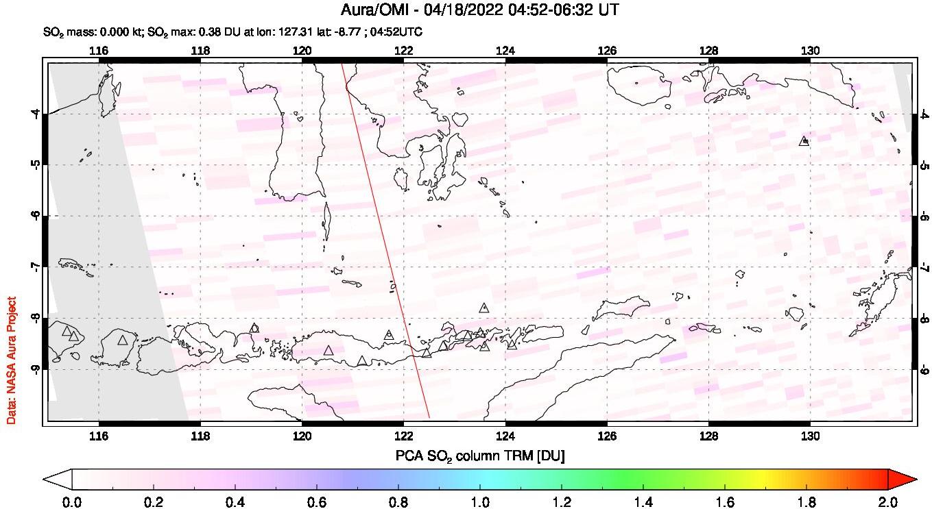A sulfur dioxide image over Lesser Sunda Islands, Indonesia on Apr 18, 2022.