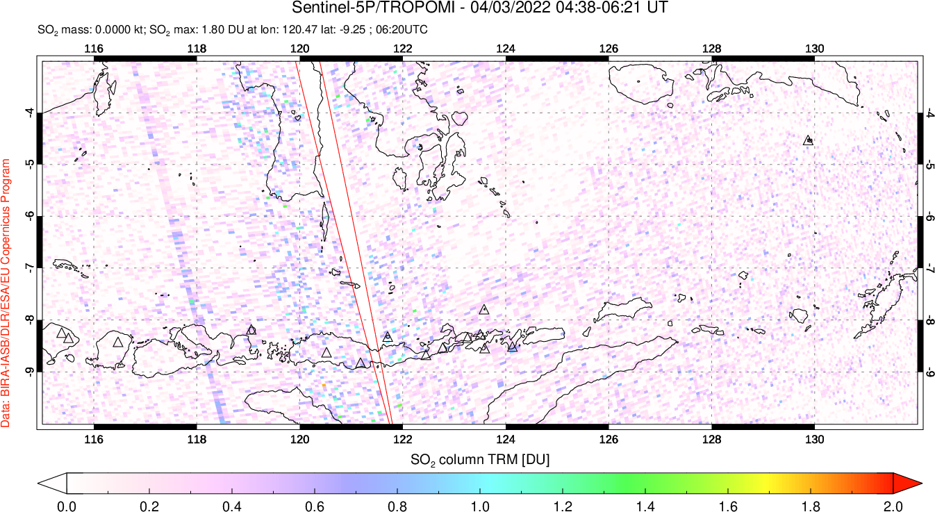 A sulfur dioxide image over Lesser Sunda Islands, Indonesia on Apr 03, 2022.