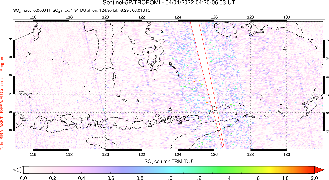 A sulfur dioxide image over Lesser Sunda Islands, Indonesia on Apr 04, 2022.