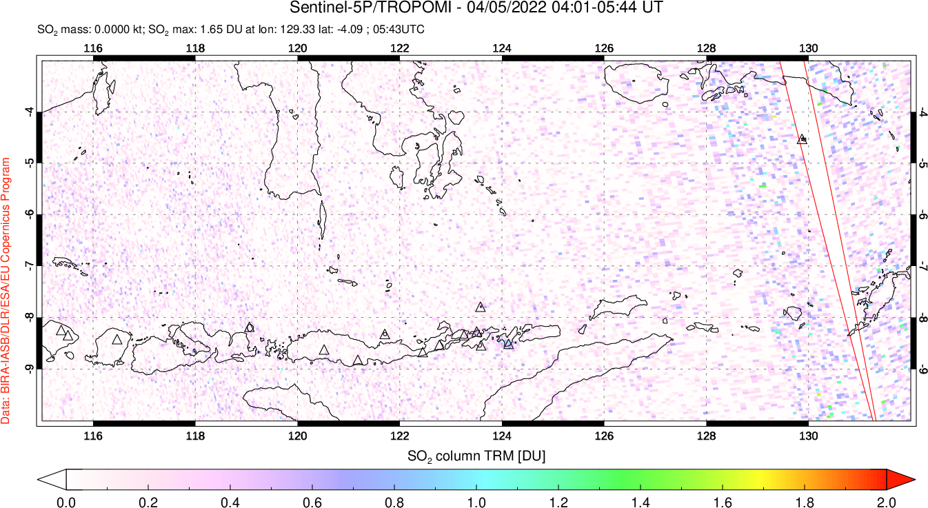 A sulfur dioxide image over Lesser Sunda Islands, Indonesia on Apr 05, 2022.