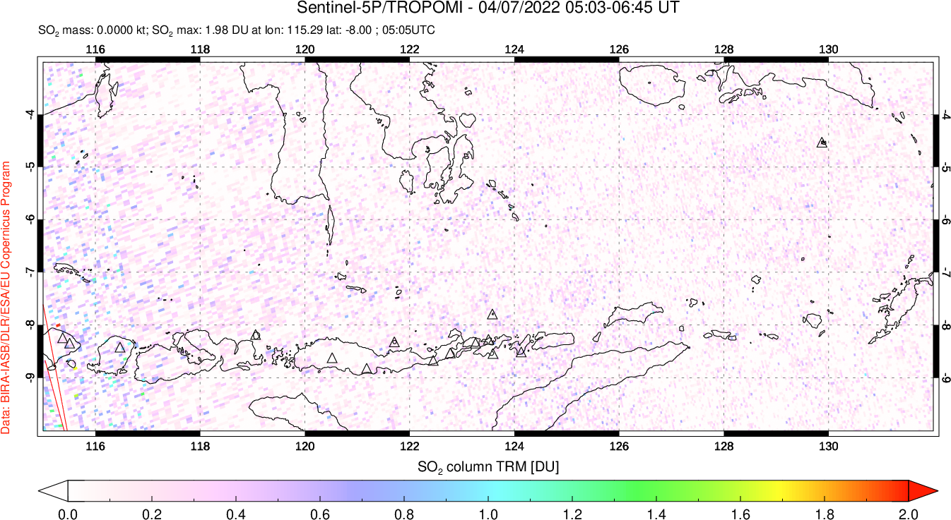 A sulfur dioxide image over Lesser Sunda Islands, Indonesia on Apr 07, 2022.