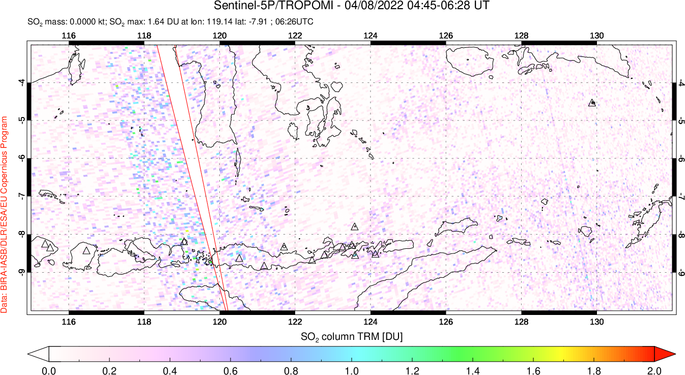 A sulfur dioxide image over Lesser Sunda Islands, Indonesia on Apr 08, 2022.