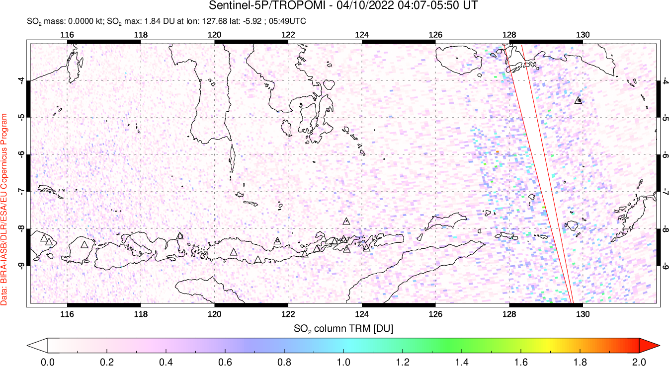A sulfur dioxide image over Lesser Sunda Islands, Indonesia on Apr 10, 2022.