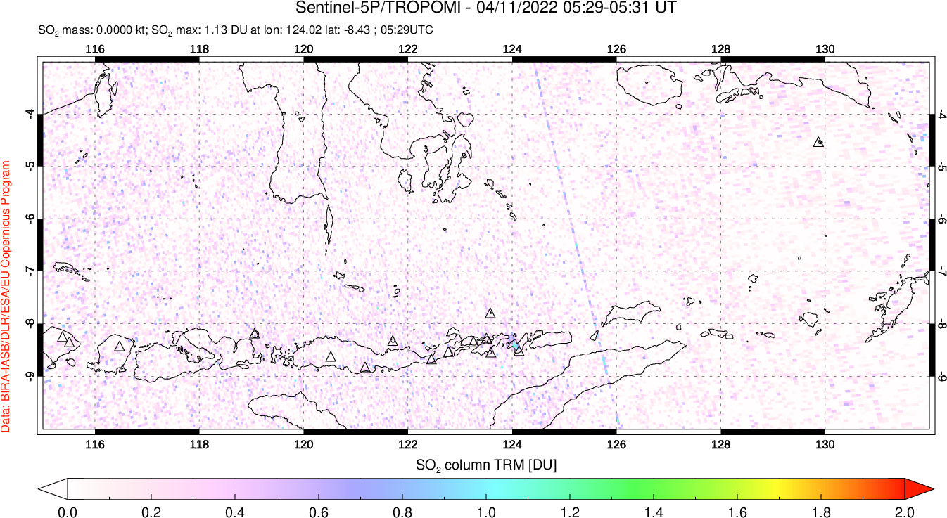 A sulfur dioxide image over Lesser Sunda Islands, Indonesia on Apr 11, 2022.