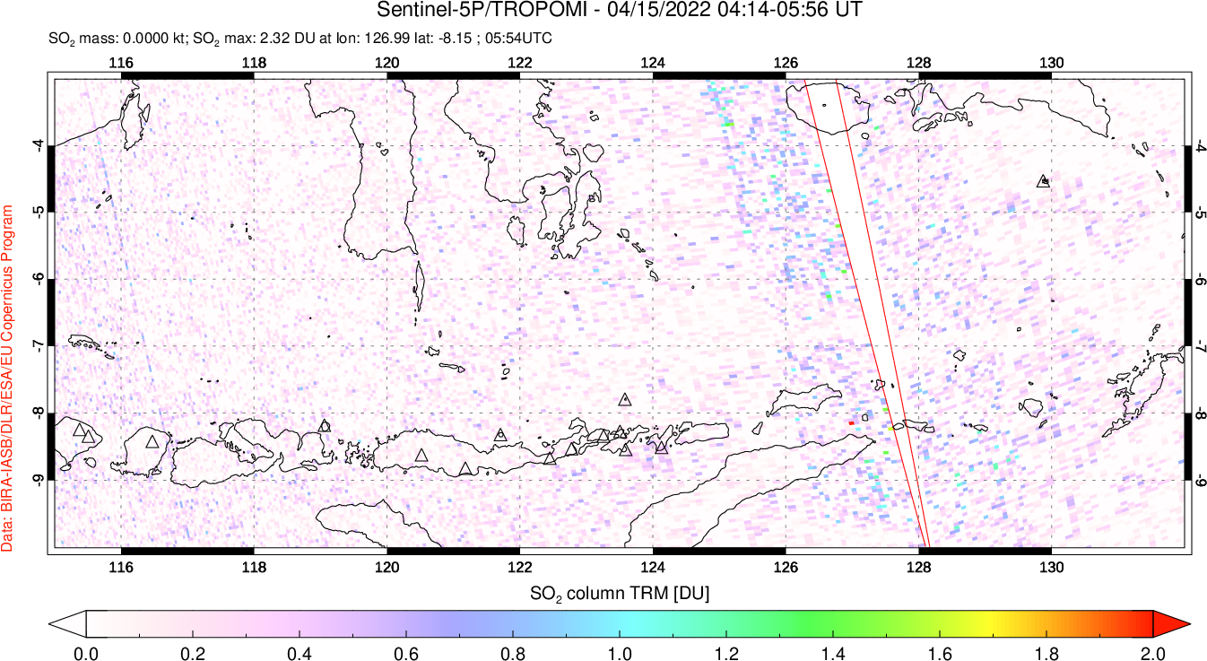 A sulfur dioxide image over Lesser Sunda Islands, Indonesia on Apr 15, 2022.