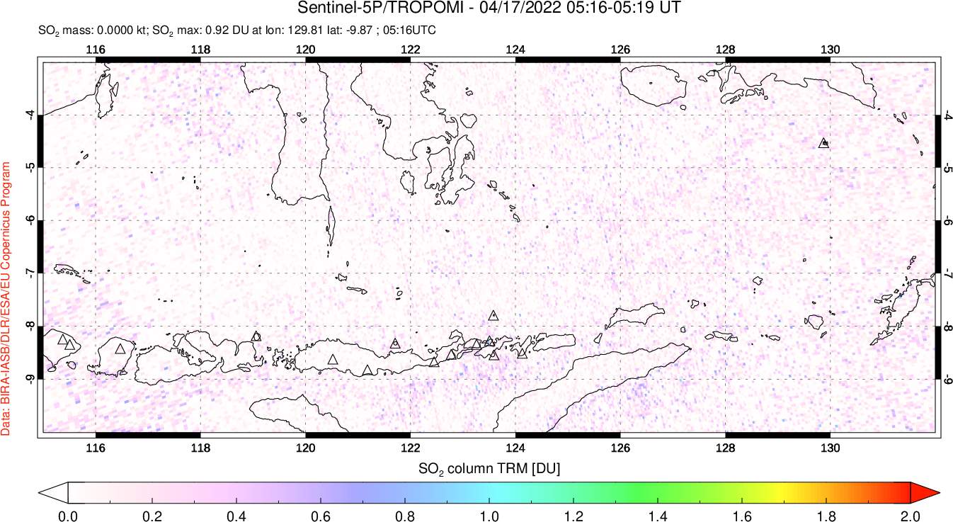 A sulfur dioxide image over Lesser Sunda Islands, Indonesia on Apr 17, 2022.