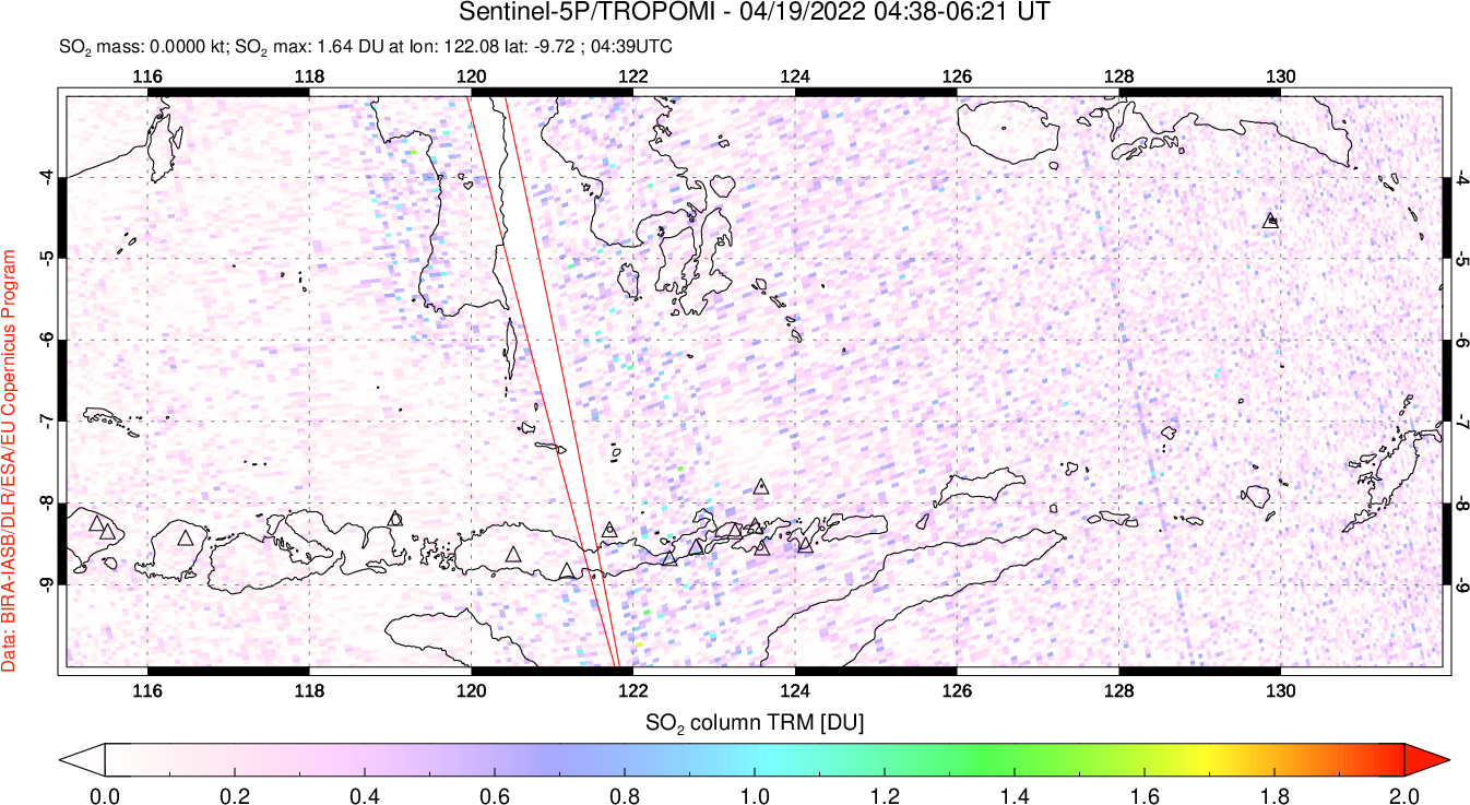 A sulfur dioxide image over Lesser Sunda Islands, Indonesia on Apr 19, 2022.