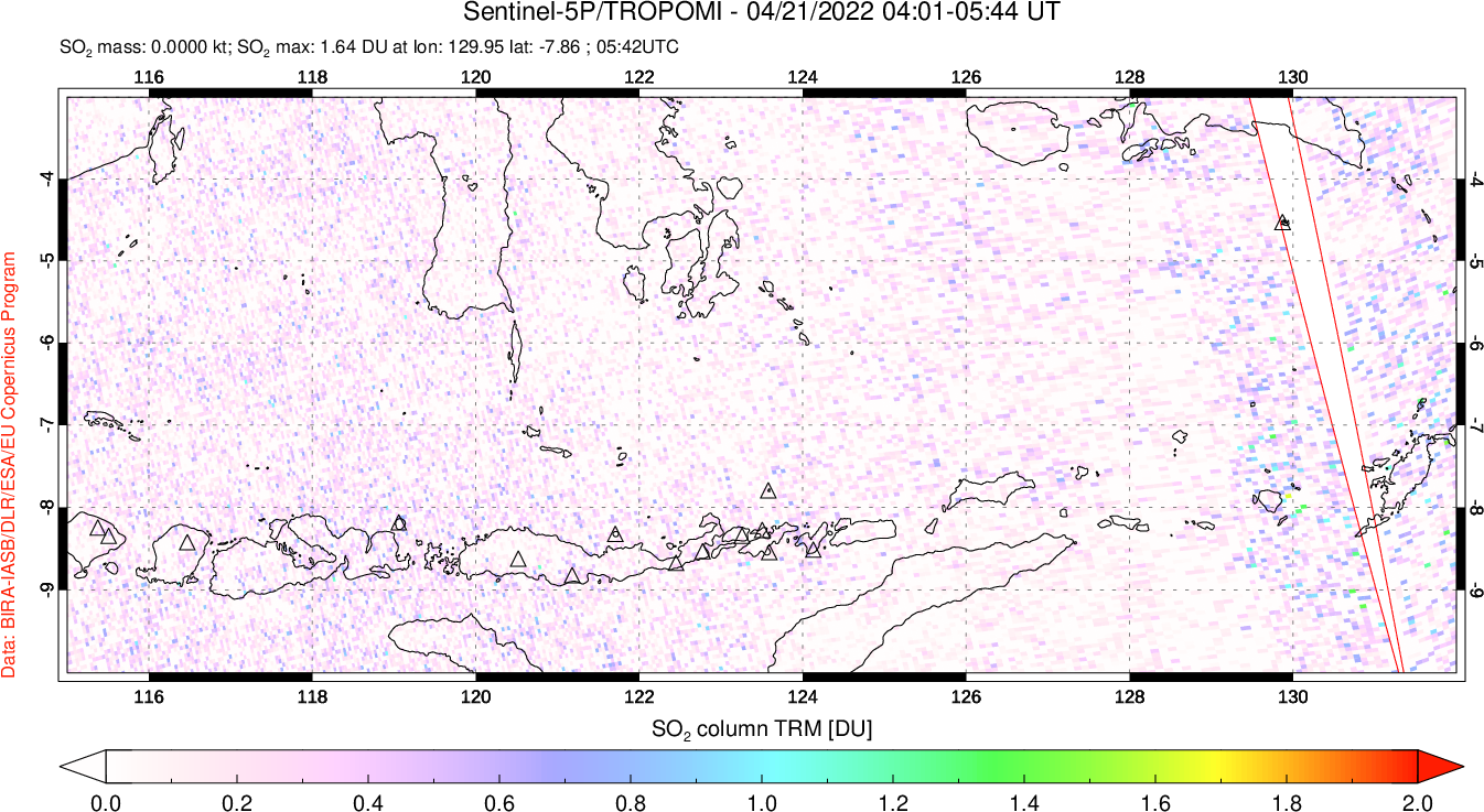 A sulfur dioxide image over Lesser Sunda Islands, Indonesia on Apr 21, 2022.