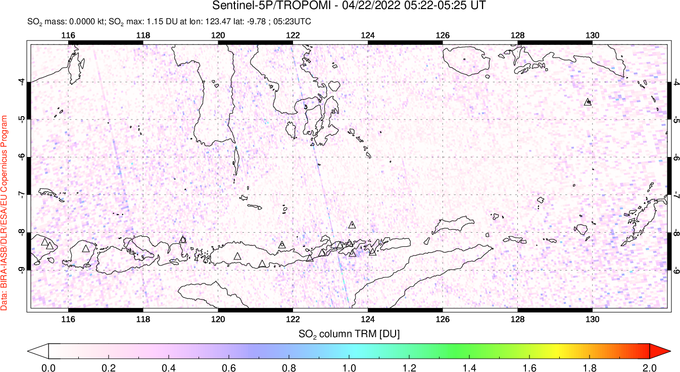 A sulfur dioxide image over Lesser Sunda Islands, Indonesia on Apr 22, 2022.