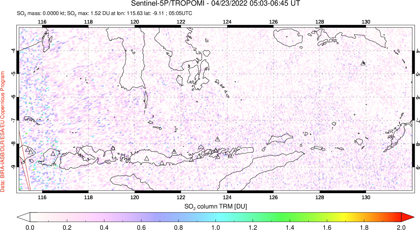 A sulfur dioxide image over Lesser Sunda Islands, Indonesia on Apr 23, 2022.