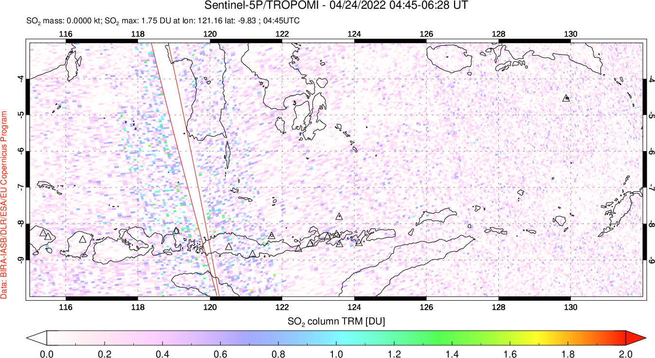 A sulfur dioxide image over Lesser Sunda Islands, Indonesia on Apr 24, 2022.